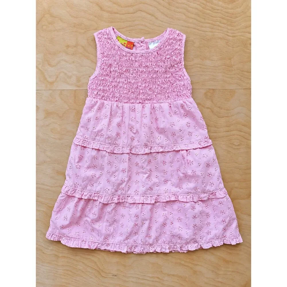 Penelope Mack Girls Size 5 Pink Eyelet Smocked Tiered Ruffle Dress Embroidered